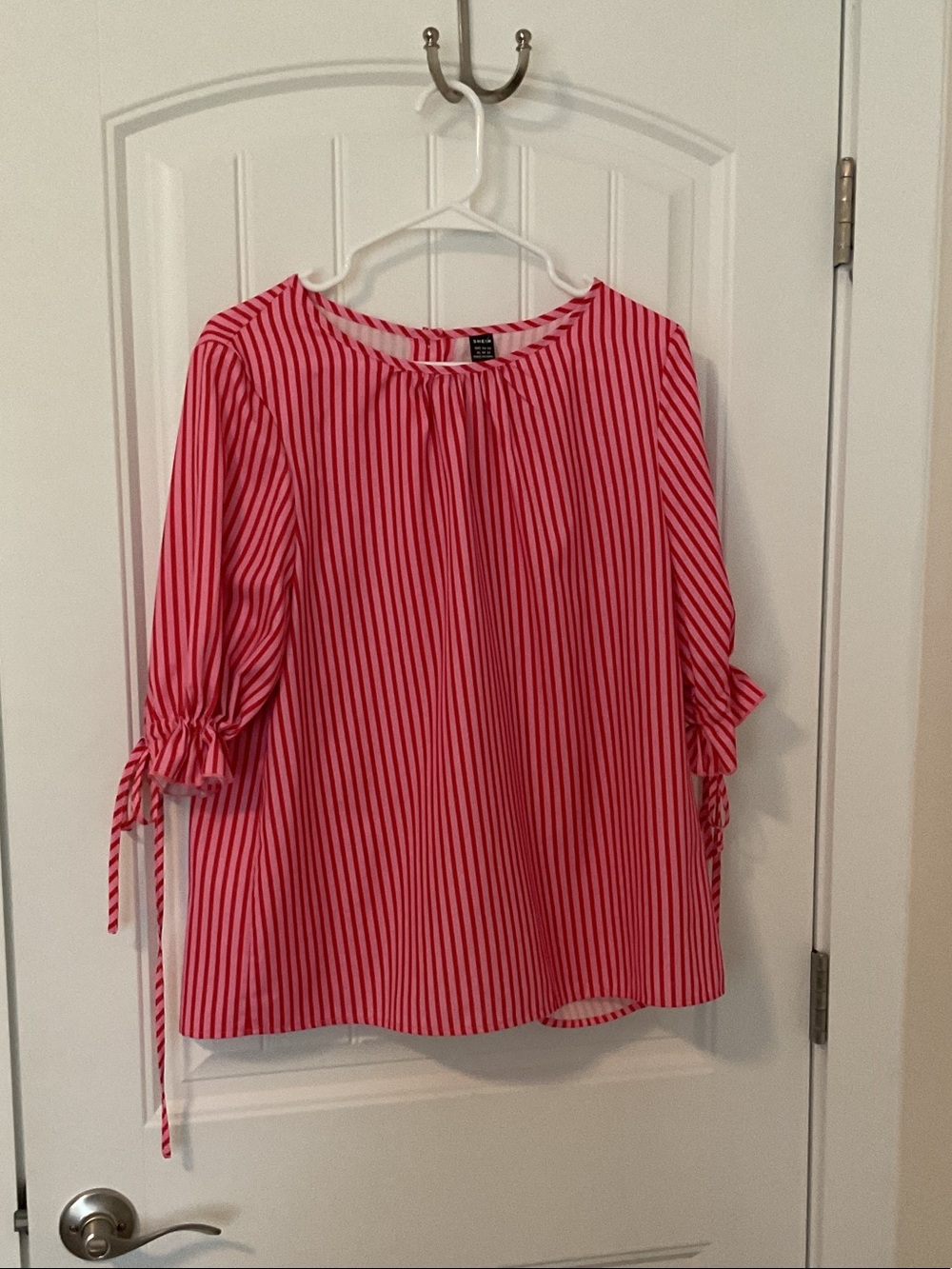 SHEIN Pink and White Striped Tie-Sleeve Blouse